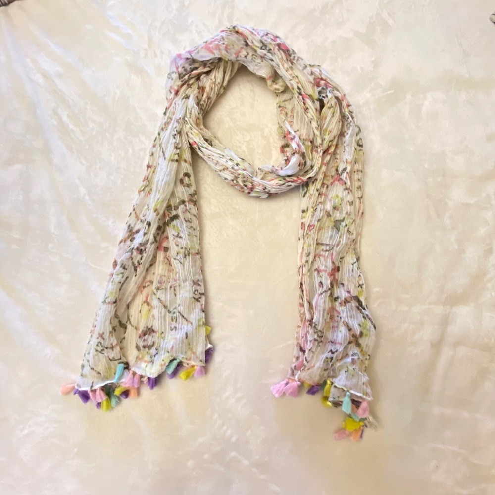 Betsey Johnson Scarf Colorful Tassels Lightweight Whimsical Crinkle Boho Floral